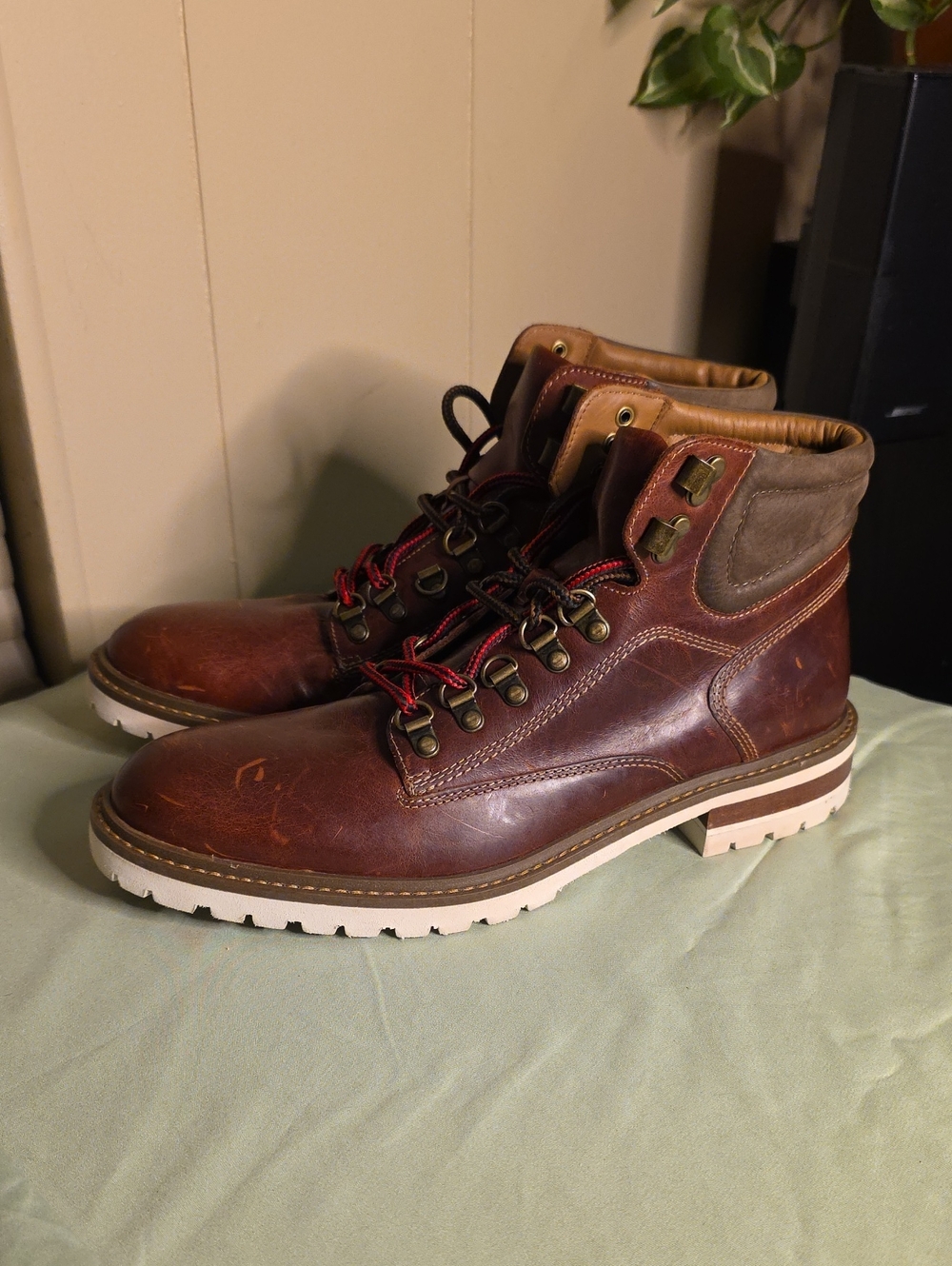 Johnston & Murphy Brown Leather Hiking-Style Boots with Red Laces